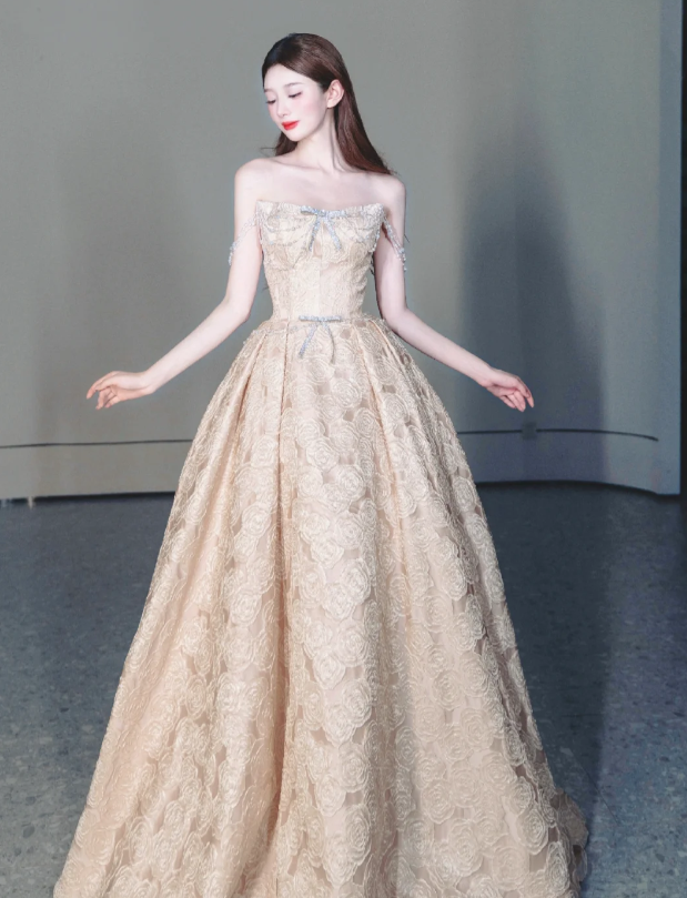 Champagne Strapless Prom Gown Lace Elegant Evening Dress fg8651