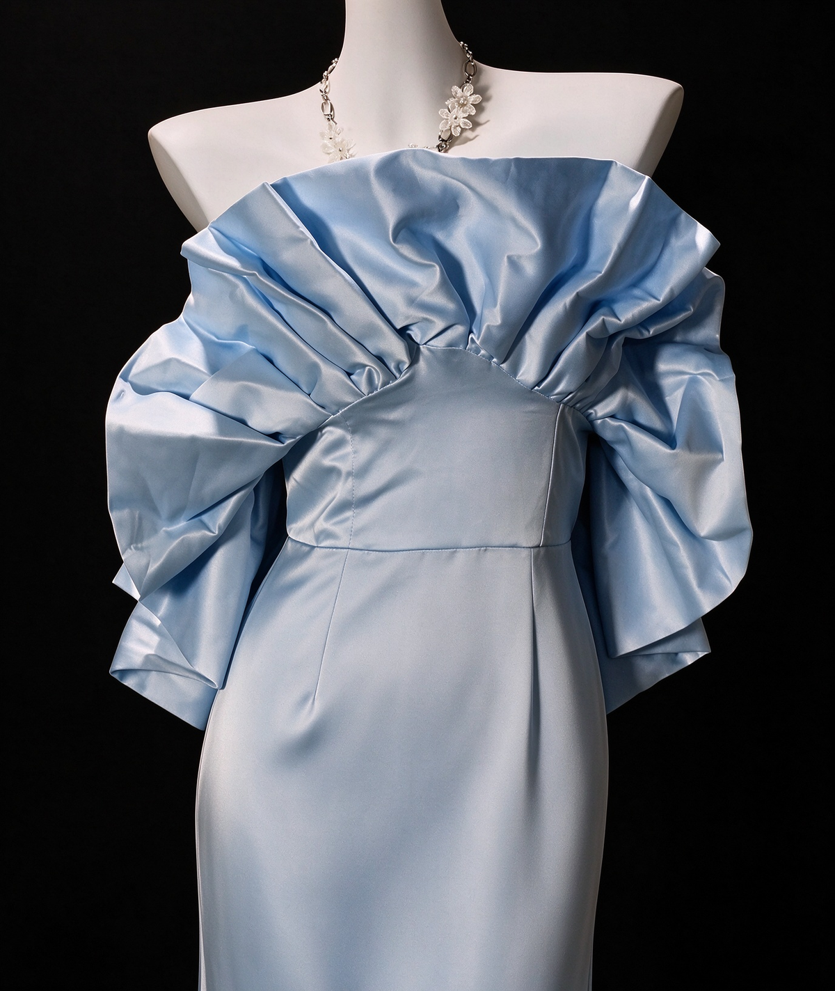 Off-Shoulder Ruffled Light Blue Satin Mermaid Evening Dress, Formal Gown fg8919