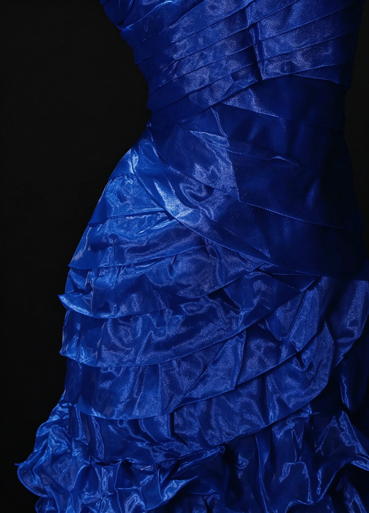 Blue Strapless Mermaid Organza Prom Dress with Pleats and Ruffles fg8927