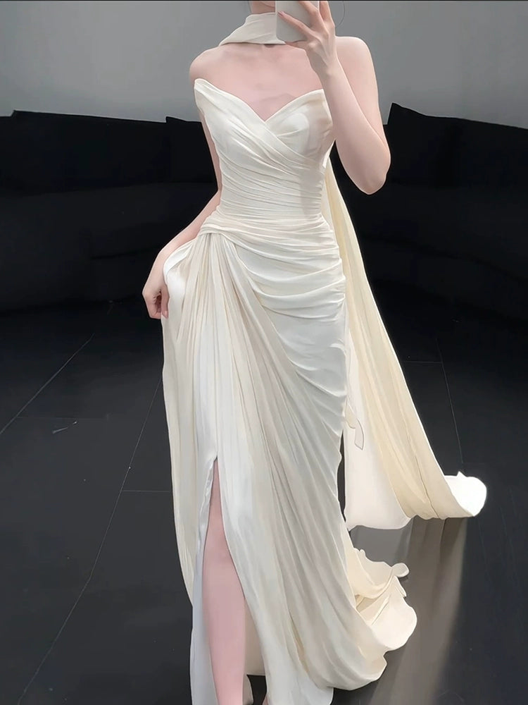 Strapless Pleat Long Wedding Dress Evening Party Dresses fg7706