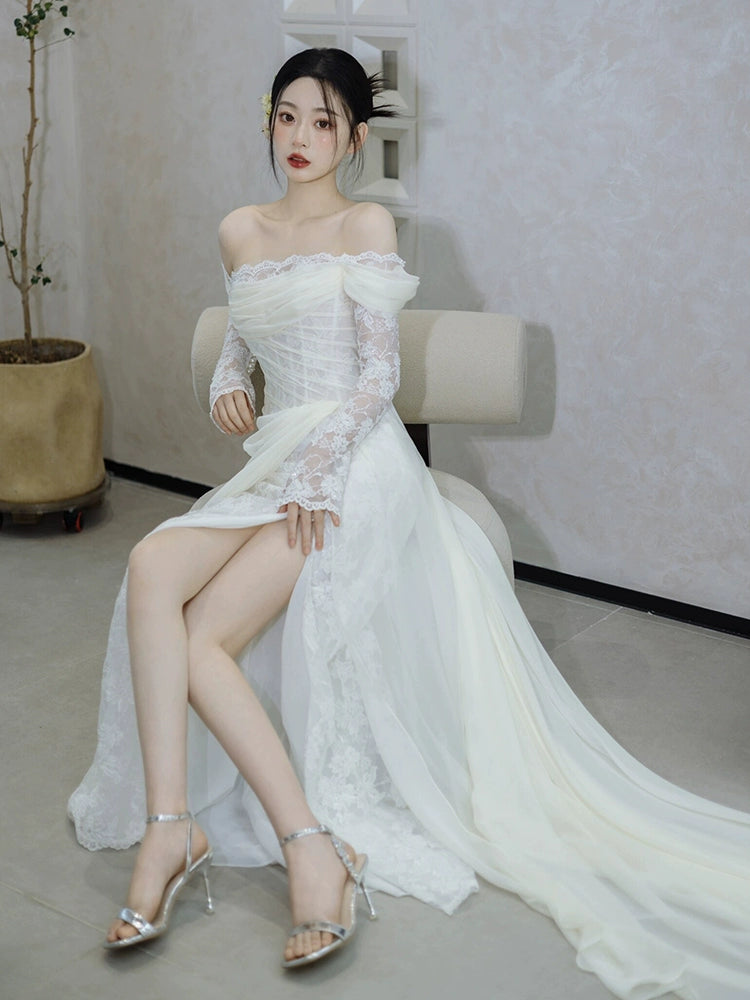 Off Shoulder Lace Long Wedding Dress Evening Party Dresses fg7704