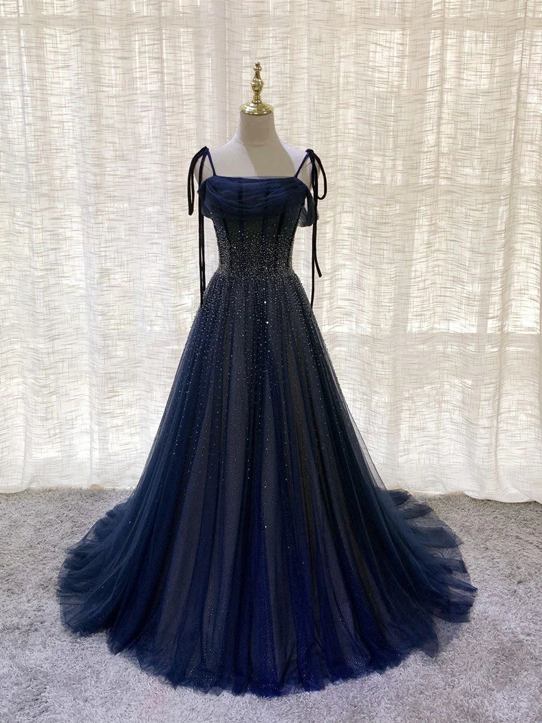 Shiny Navy Blue Tulle Straps Long Prom Dresses Party Dresses, A-line Beaded Prom Dresses fg5018