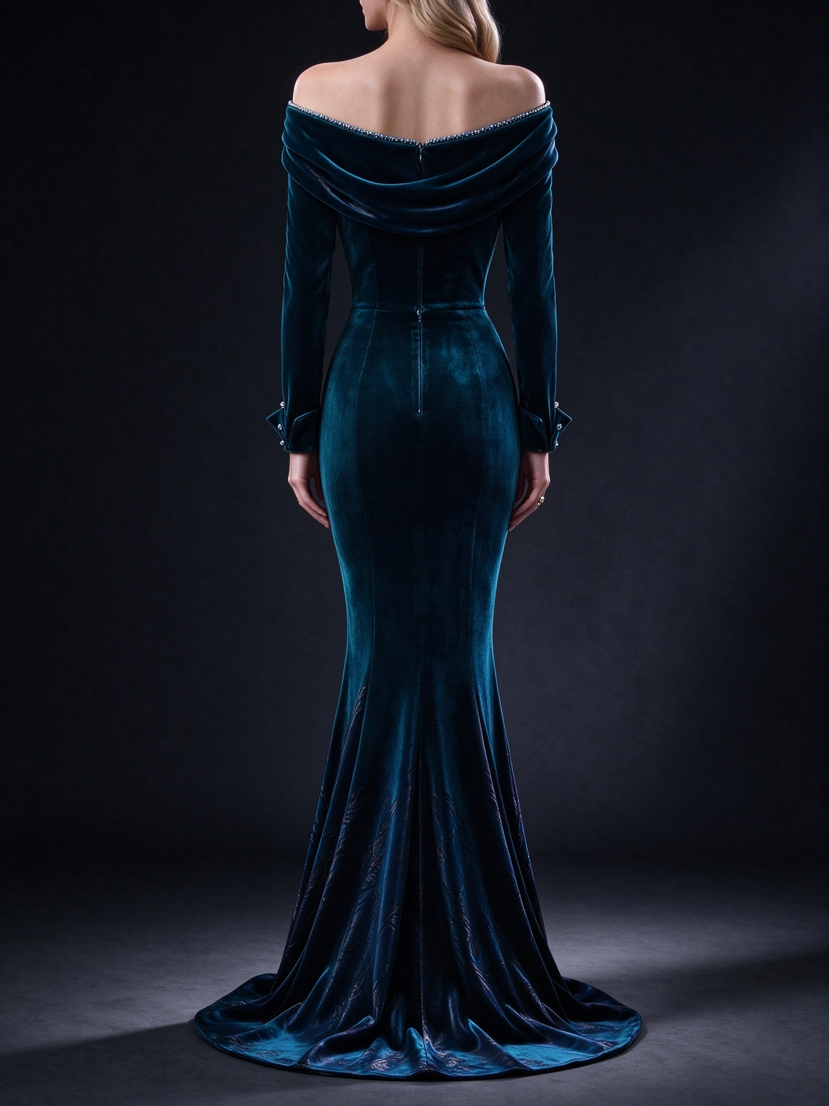 Teal Off-the-Shoulder Velvet Mermaid Evening Gown, Long Sleeve With Beaded Neckline fg8998