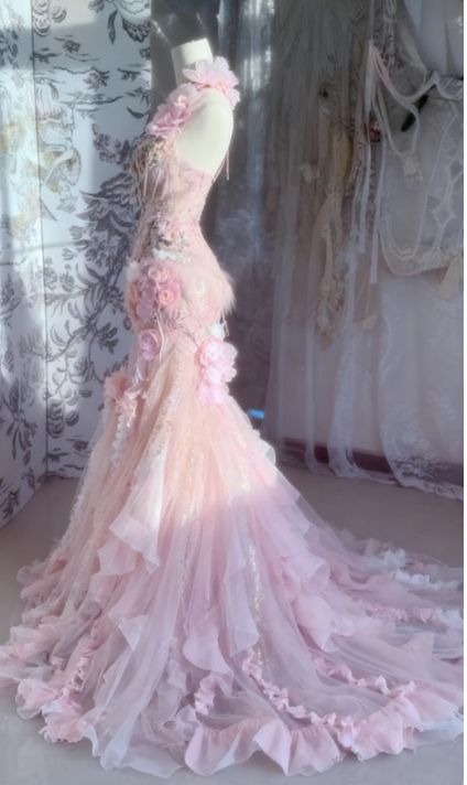 Fairytale Pink Sweetheart Mermaid Tulle Long Prom Dresses Formal Evening Gowns with Appliques fg8448