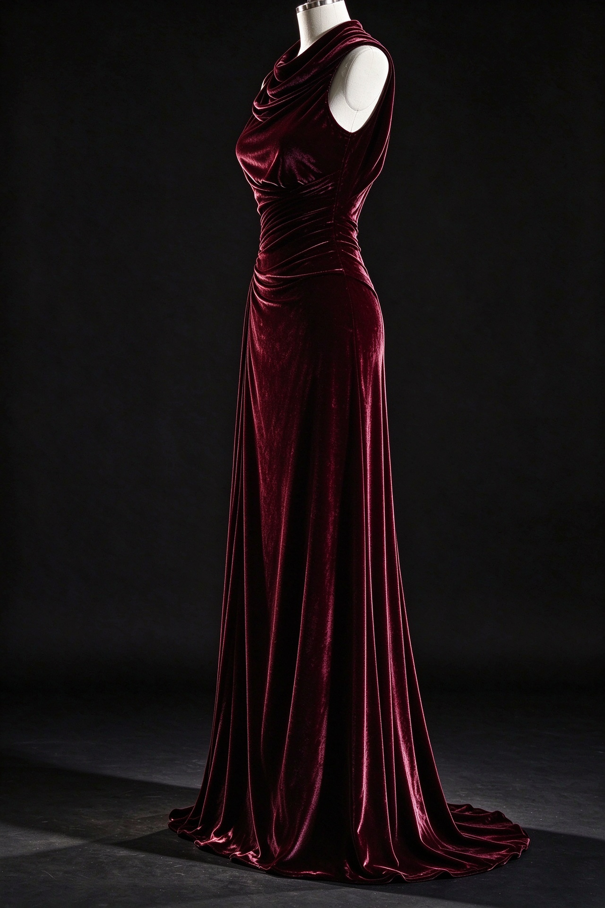 Burgundy Velvet Mermaid Evening Gown, Sleeveless Cowl Neck, Ruched Waist With Sweep Train,fg9003