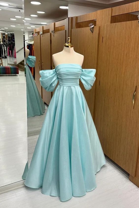 A Line Off Shoulder Satin Blue Long Prom Dresses, Off The Shoulder Blue Satin Long Formal Evening Dresses fg6309