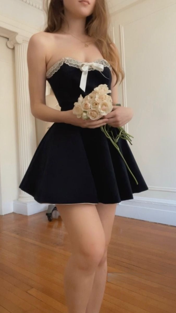 A Line Black Strapless Short Evening Dress Cocktail Dresses Short Party Dress fg7902