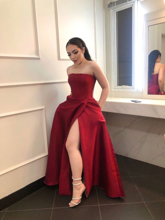 A Line Satin Long Prom Dresses, Split Evening Party Dress fg5498