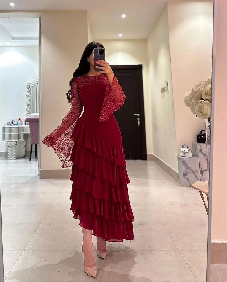 Women's Ankle Length Sequin Dress O Neck Tiered Burgundy Evening Dress fg6730