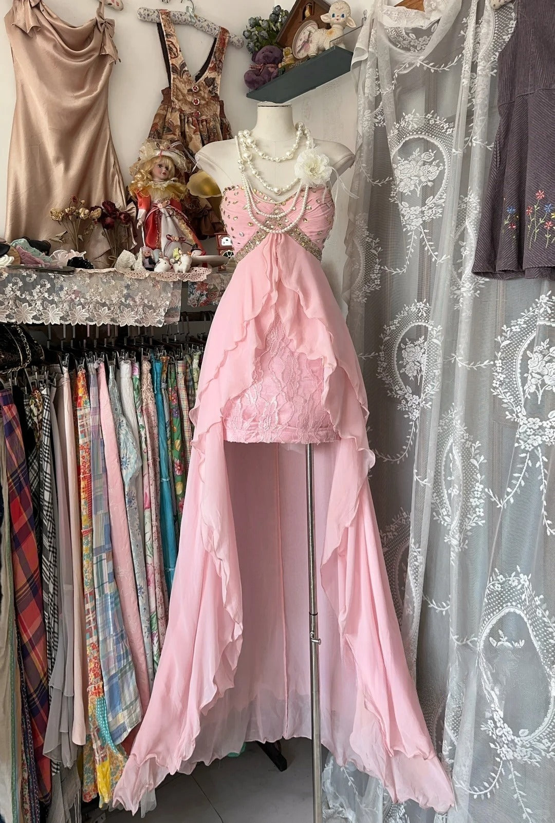 Pink Chiffon Strapless Long Prom Dresses Vintage Formal Evening Dress fg7591