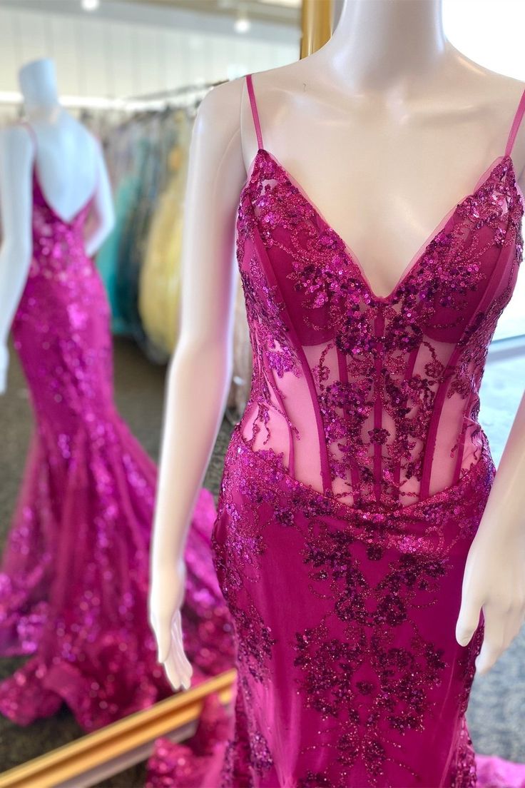 Fuchsia Mermaid Sequined Embroidery Tulle Long Prom Dress fg6349