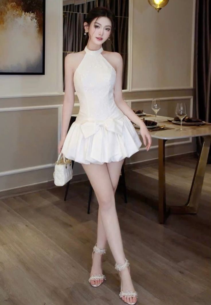 A Line White Halter Short Prom Dress Birthday Party Dress Homecoming Dress fg8168