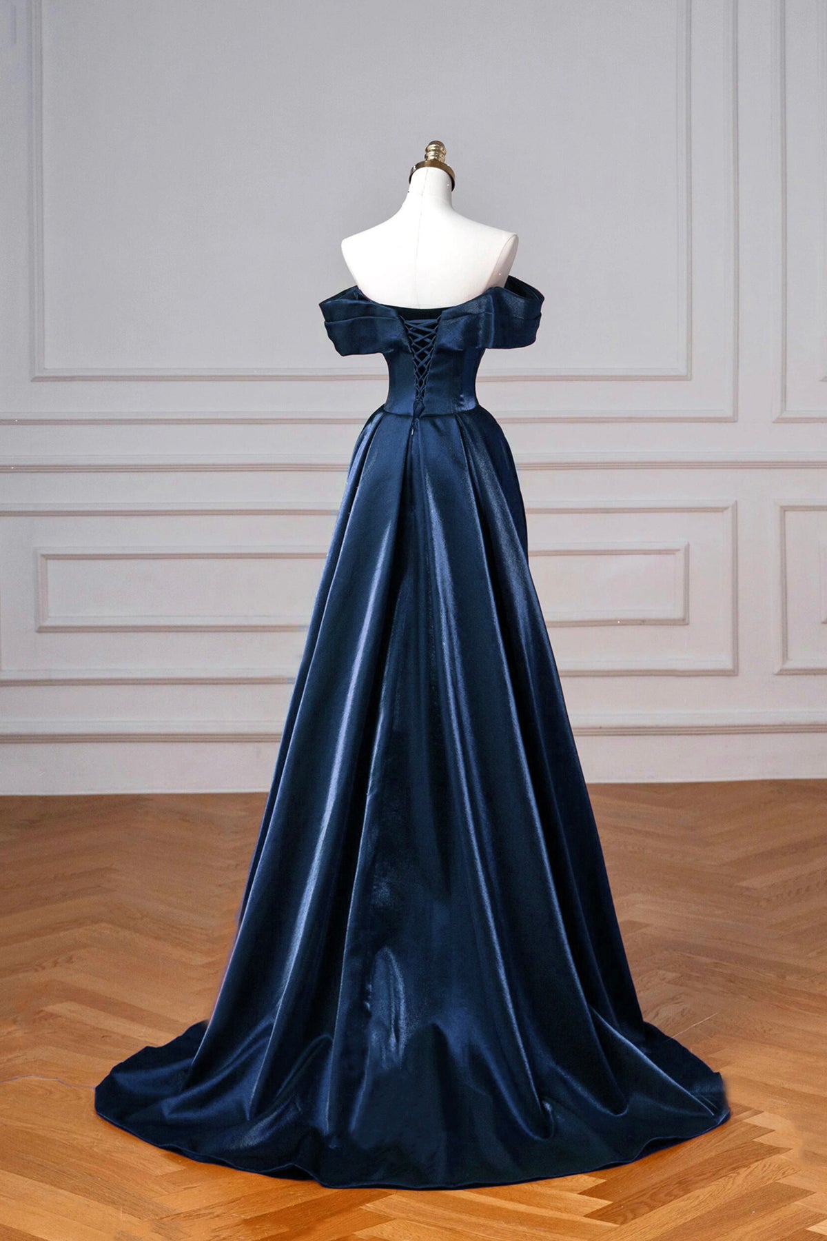 Navy Satin Long Prom Dress, Elegant Off the Shoulder Party Dress fg7646