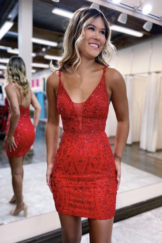 V neck Lace Appliques Short Homecoming Dress Tight Graduation Dress fg5829