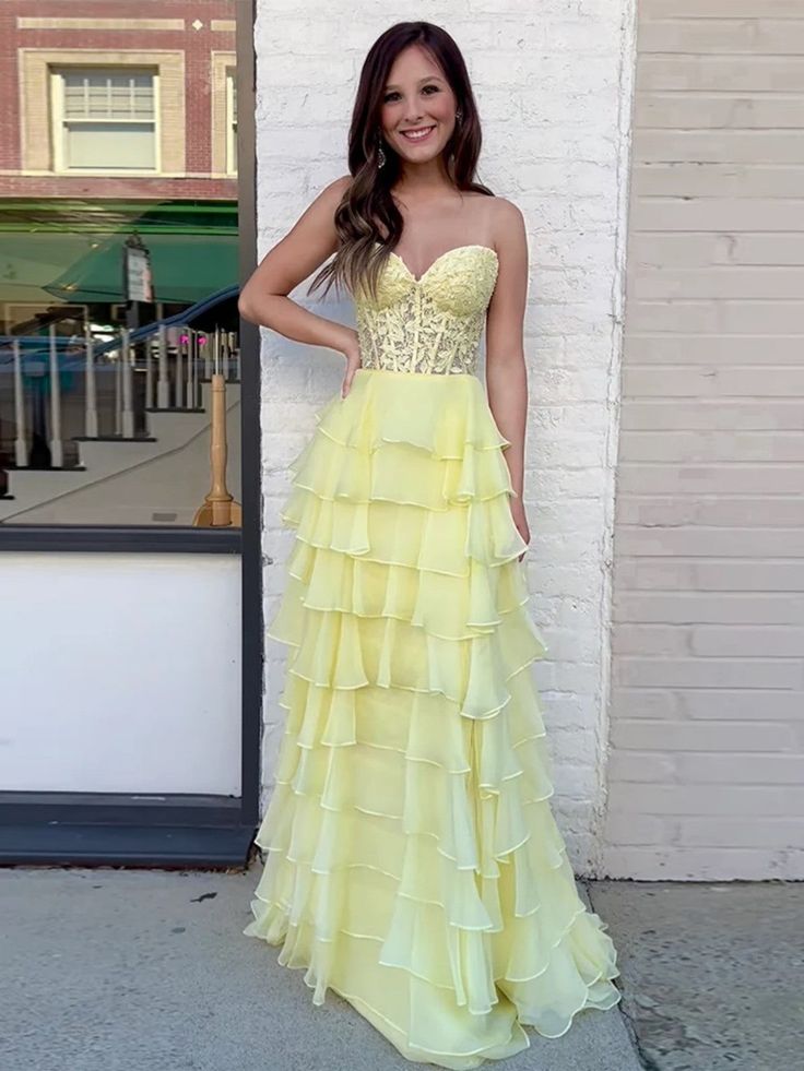 Strapless Layered Yellow Lace Top Long Prom Dresses, Long Yellow Formal Dresses, Yellow Chiffon Evening Dresses fg6690