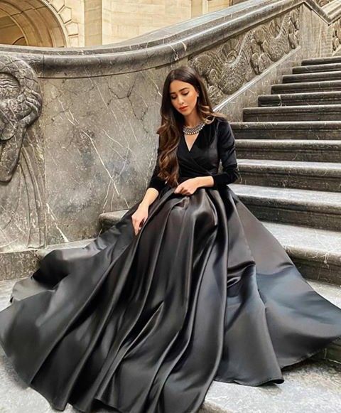 Black Lone Sleeves A-Line Prom Dresses fg6277