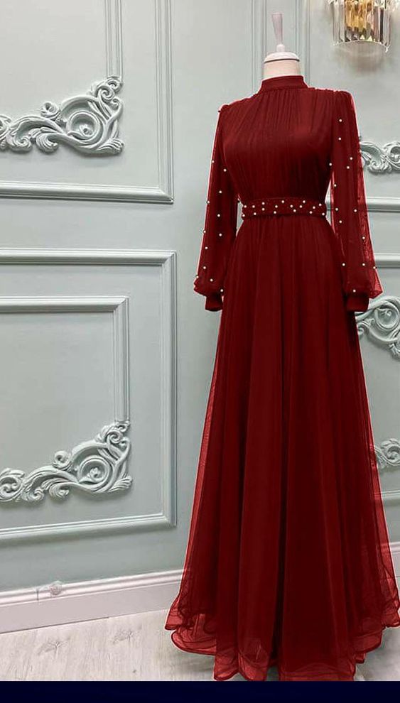 Dress with pearl long sleeve tulle Muslim dress, elegant evening dress fg6035