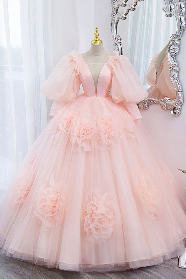 V-Neck Tulle Long Prom Dress, A-Line Puff Sleeve Princess Dress fg5705