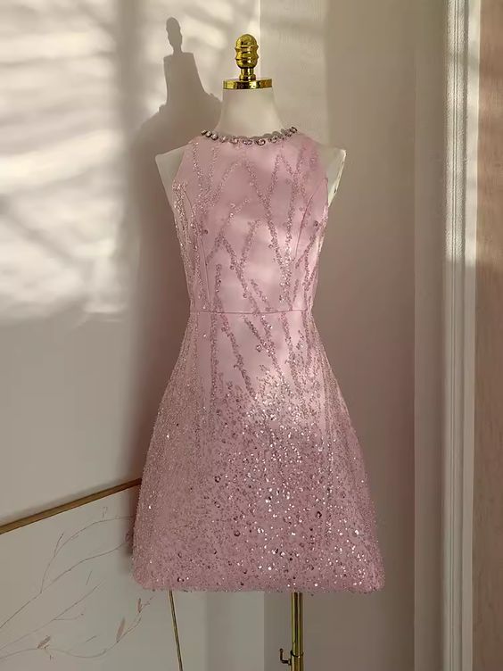 Sexy A line Scoop Pink Sequin Travel Vacation Dress Short Birthday Dress fg6374