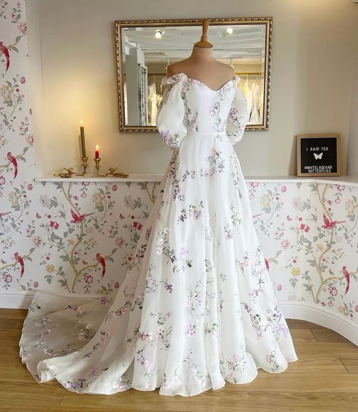 Women's Floral Print Wedding Dresses, Off-the-Shoulder Bridal Gowns, Beach Sweep Train Bridal Gown fg8066