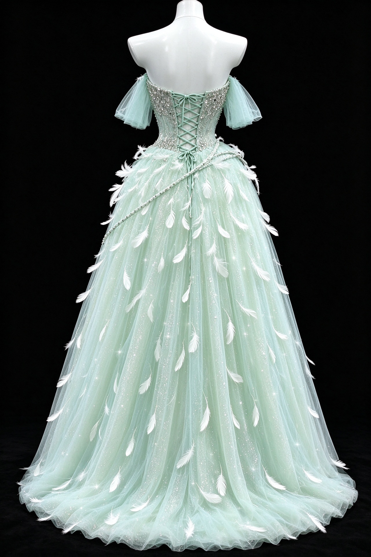 Mint Off Shoulder Sparkle Tulle Feather Prom Dress fg9085