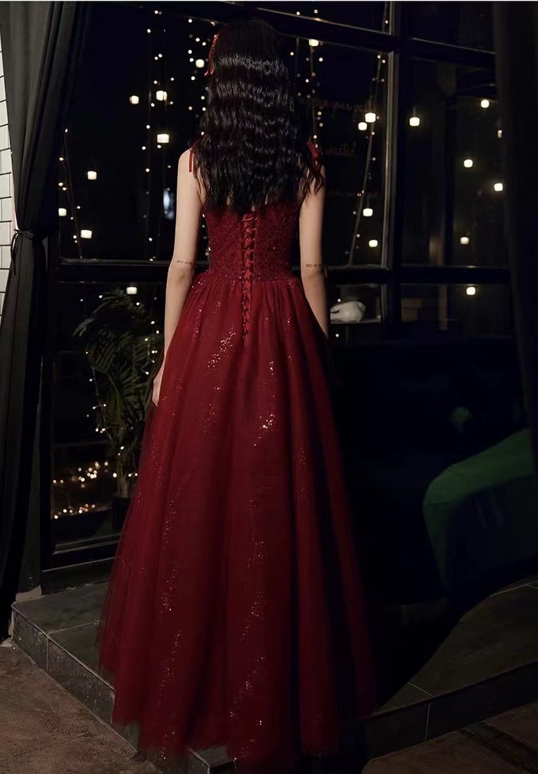Spaghetti Strap Evening Dress ,dark red Birthday Dress, Sweet Party Dress,custom Made fg5591