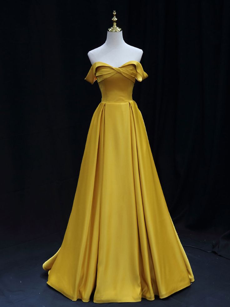 Simple Off Shoulder Yellow Satin Long Prom Dress, Yellow Formal Evening Dress fg6749