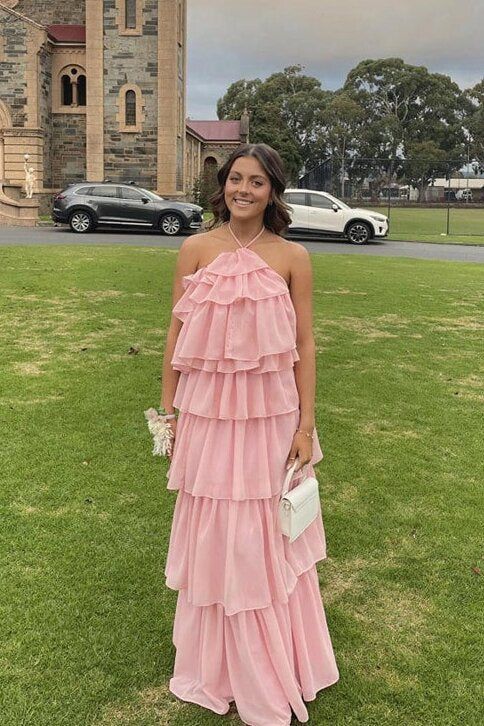 Halter Pink Layer Long Prom Dress Chiffon Birthday Dress fg6405