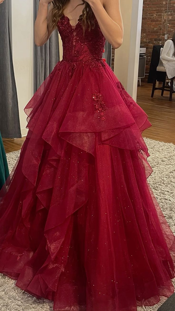 Burgundy Shinny Tulle A-Line Long Prom Dress Evening Party Dresses fg7644