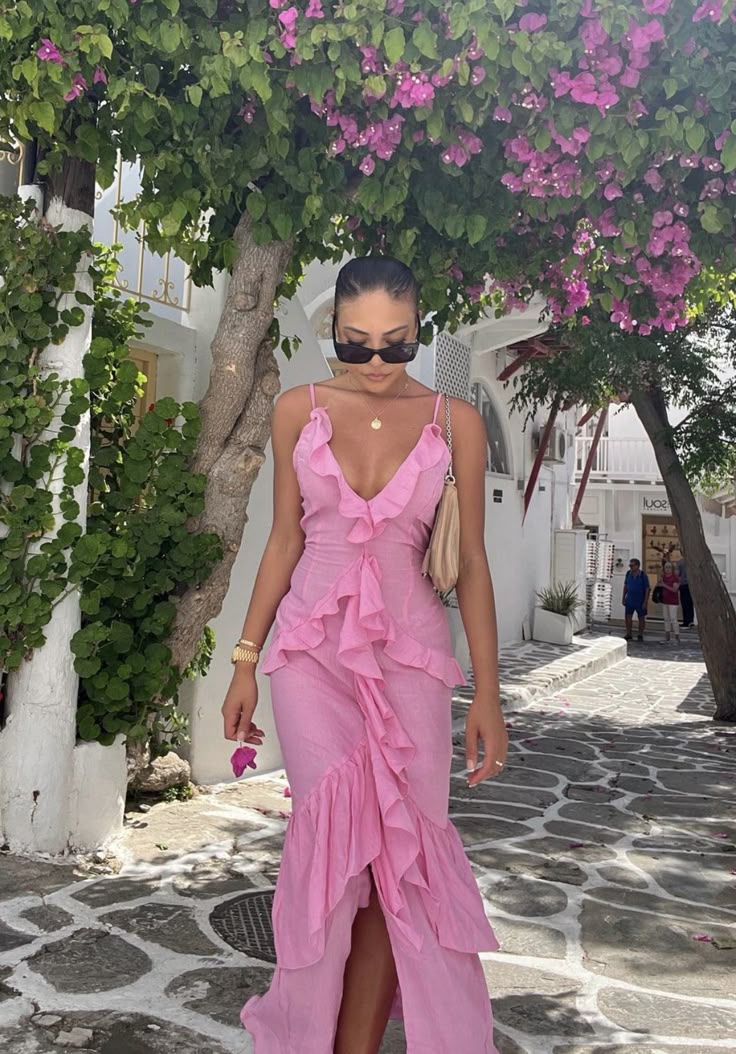 Pink V Neck Prom Dress Evening Party Dresses With Slit fg7657