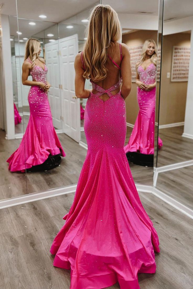 Hot Pink V Neck Satin Mermaid Long Prom Dresses with Beaded fg6746