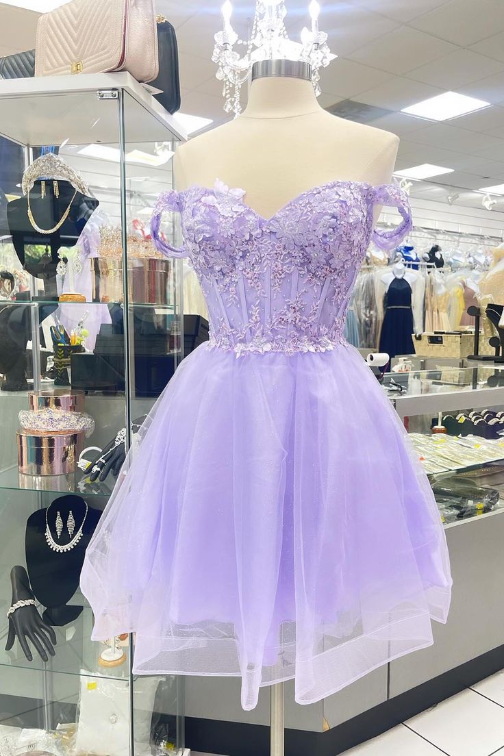 Off Shoulder Lavender Appliques Homecoming Dress Tulle Short Party Dress fg5925