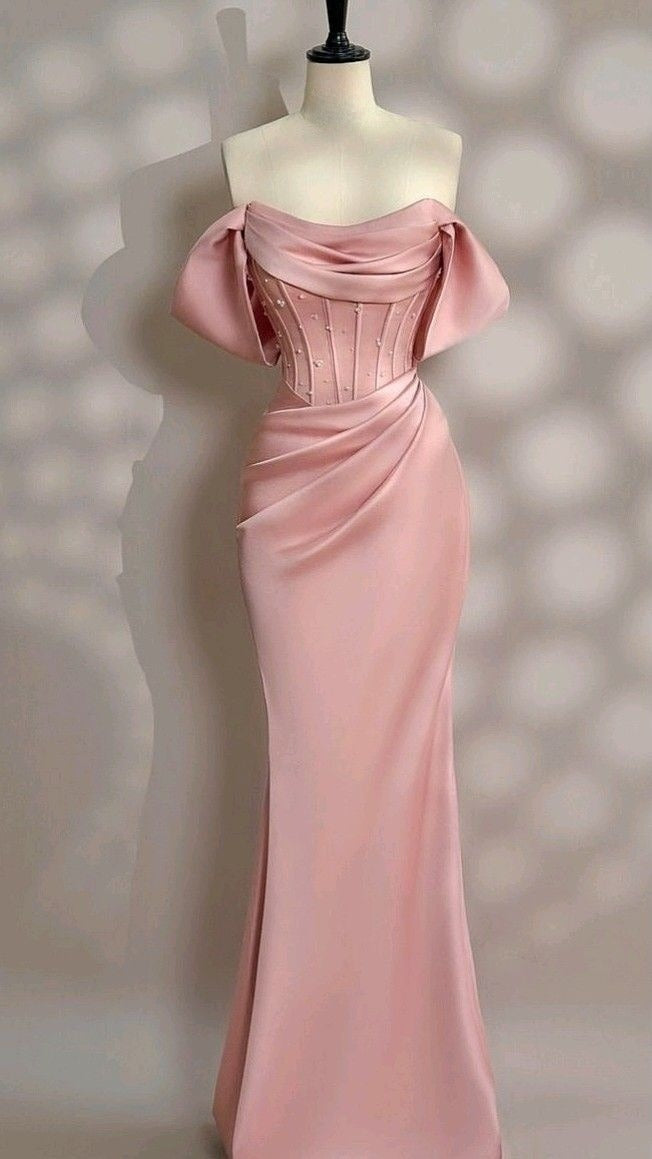 Long Pink Satin Prom Dress Off Shoulder Prom Dress Evening Party Gowns fg7426