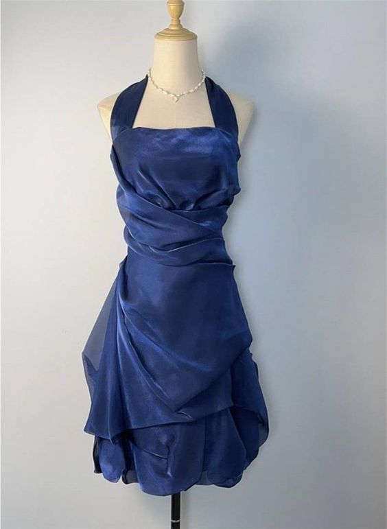 Blue Short Halter Homecoming Dress Party Dress, Blue Short Formal Dress fg6432