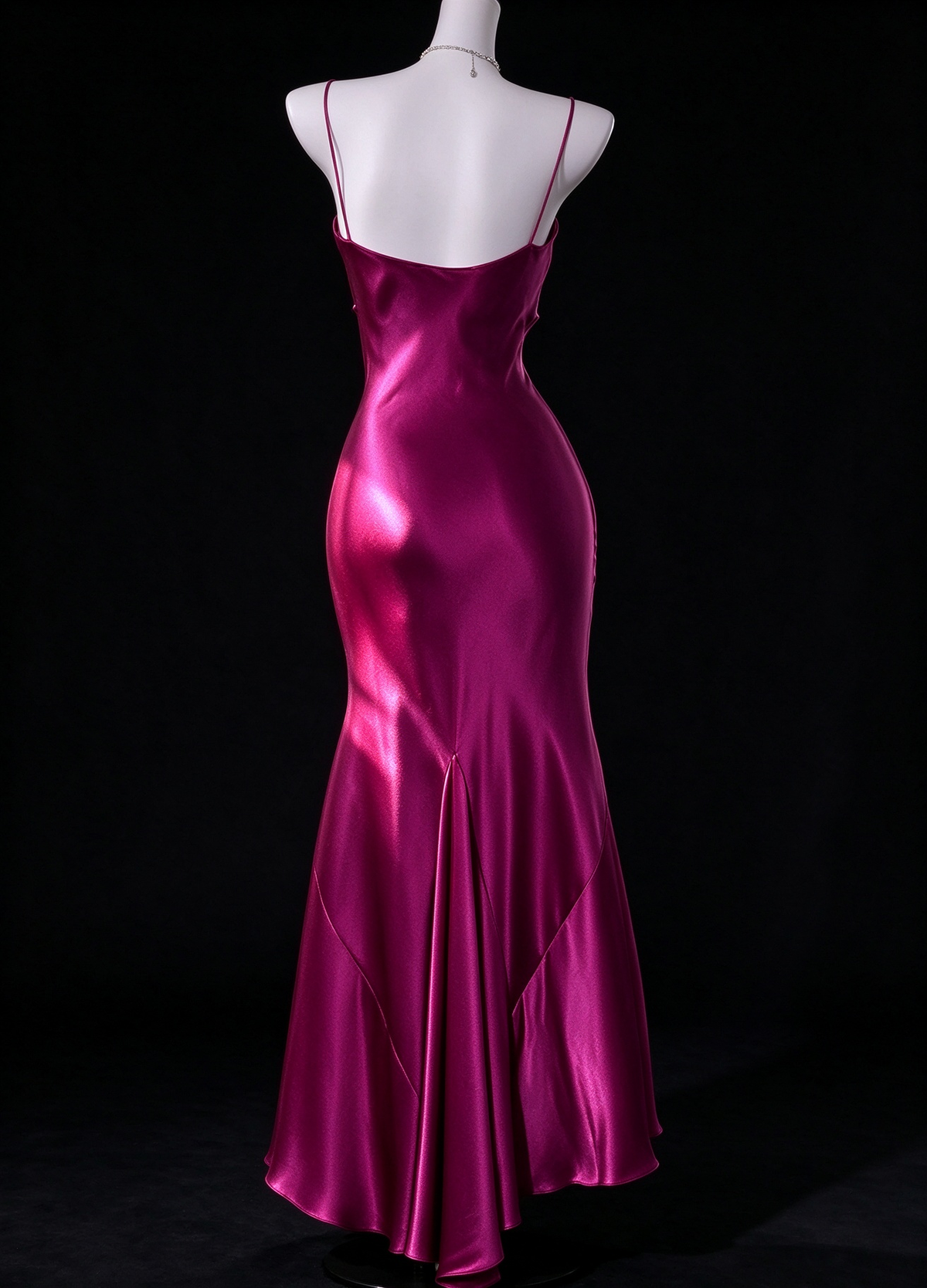 Fuchsia Spaghetti Strap Satin Midi Mermaid Evening Dress With Ruched Slit fg9130