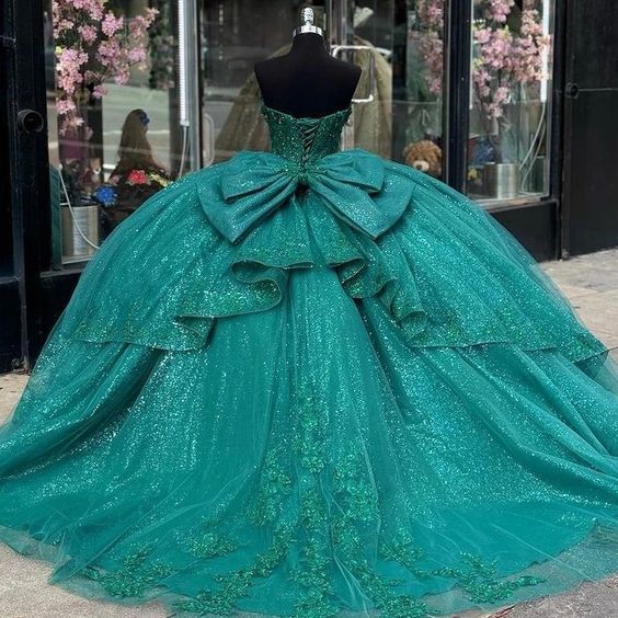 Green Appliques Lace Tull Ball Gown Quinceanera Dress Off The Shoulder Glitter Crystal Corset Dress fg5550
