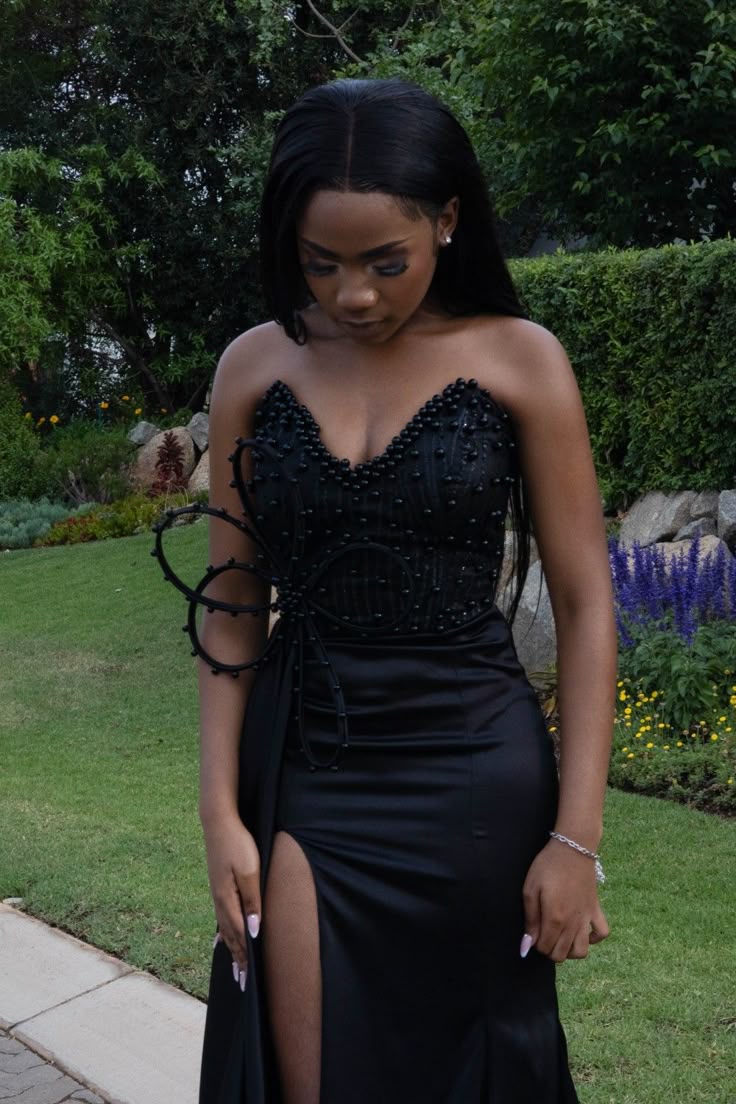 Black Strapless Pearls Prom Party Dress Formal Evening Dress fg7522