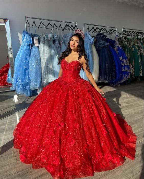 3D Flowers Red Quinceanera Dresses Glitter Sequins Sweet 15 Prom Party Ball Gown fg6664