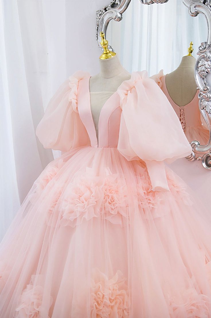 V-Neck Tulle Long Prom Dress, A-Line Puff Sleeve Princess Dress fg5705