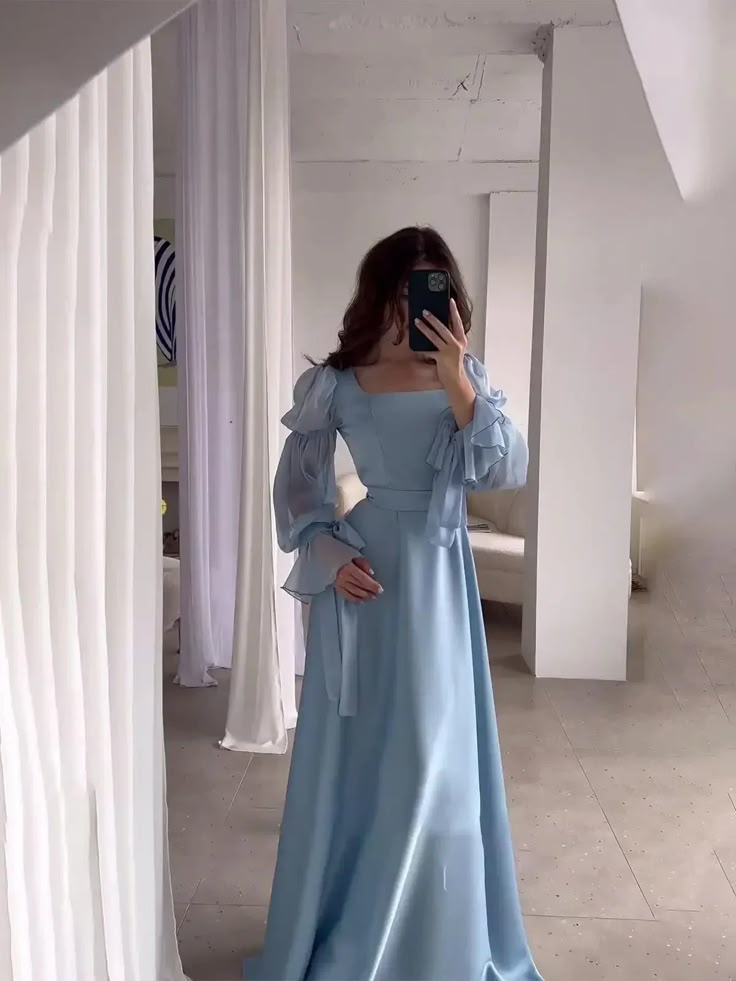 Light Blue Puff Sleeves Long Evening Dress fg6688