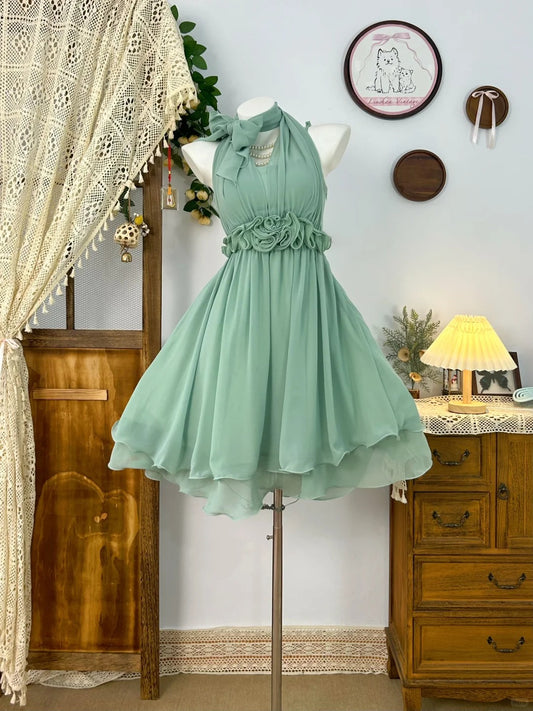 Green Chiffon Vintage Evening Dress Elegant Sleeveless Short Prom Party Dress    fg8178