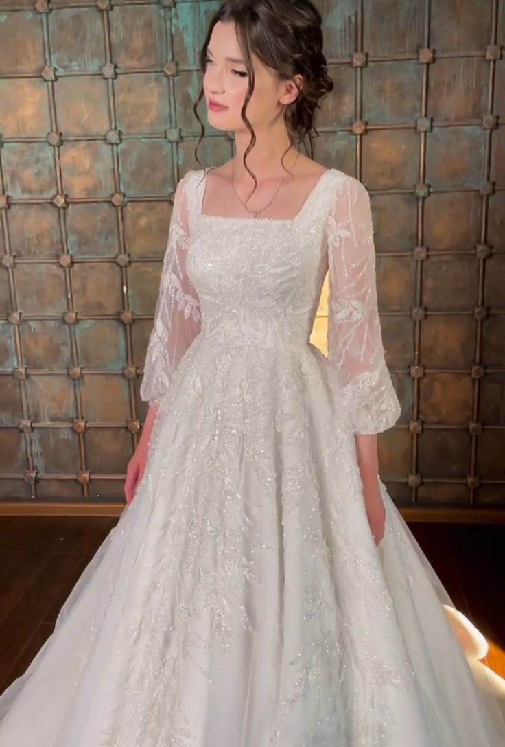 A Line White Square Neck Long Princess Wedding Dress fg8167
