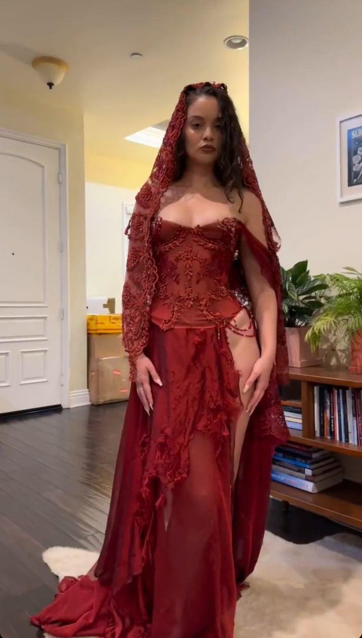 Burgudny Off Shoulder Long Dress Evening Party Dress fg7404