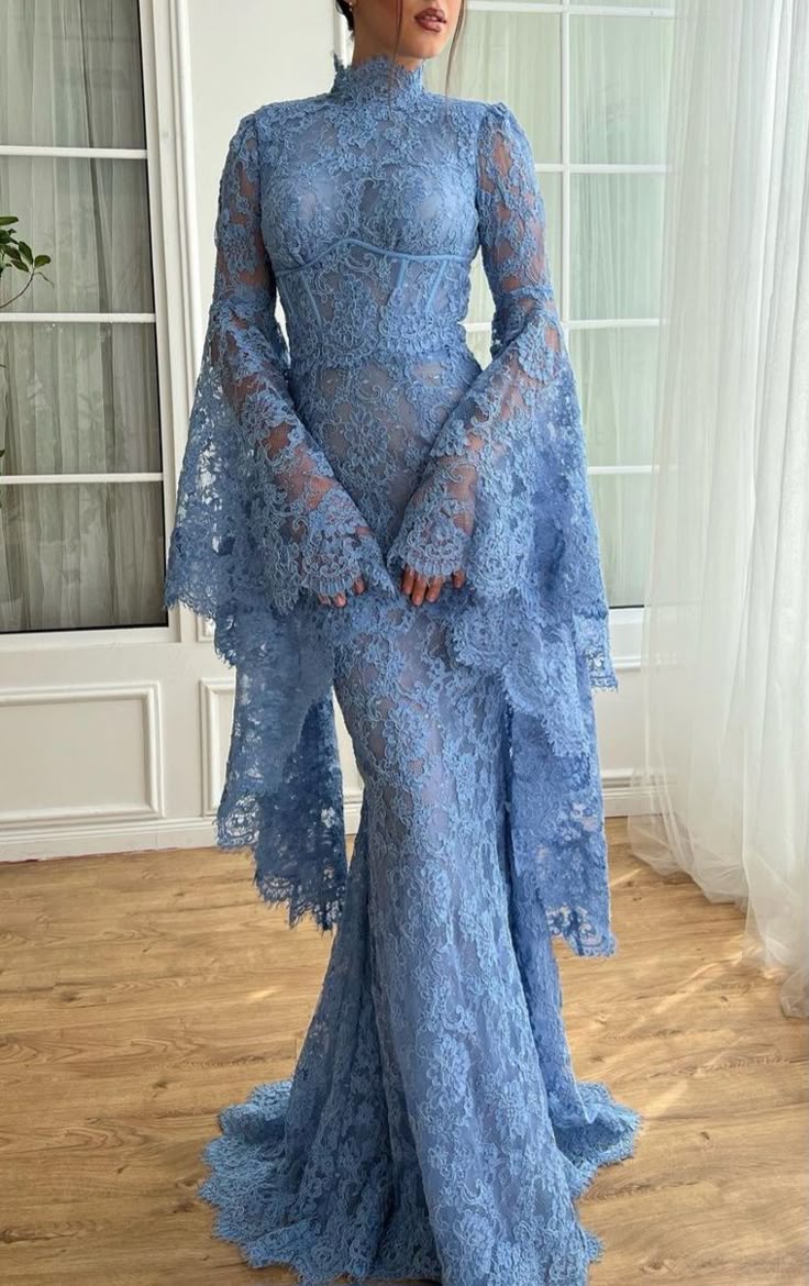 High Neck Mermaid Evening Dress for Women Flare Sleeves Blue Lace Long Prom Dresses fg7571