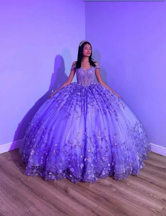 Purple Shiny Puffy Princess Quinceanera Dresses Off Shoulder Beads 3D Floral Gillter Sequins Lace-up Corset Vestidos 15 anos rosa fg5533