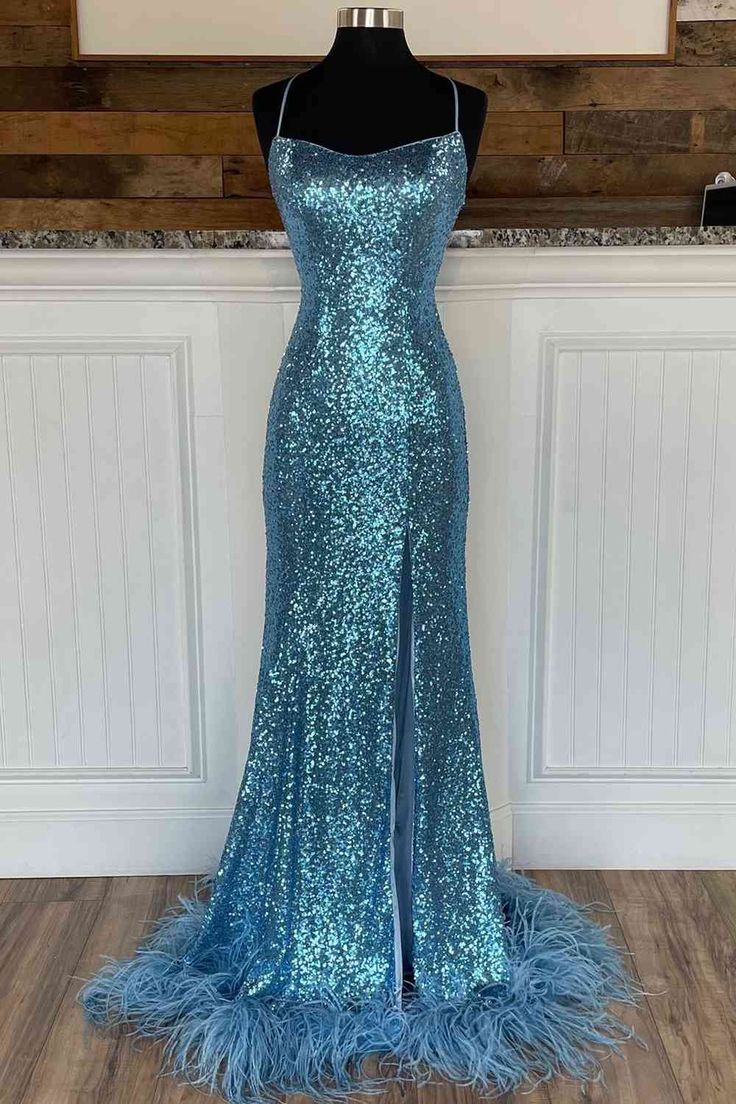 Long Sequined Straps Prom Dress with Feather Hem fg5828