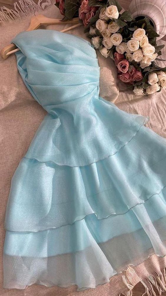 Elegant One Shoulder Party Layered Evening Dress Homecoming Dress,Blue Beach Dress fg5548