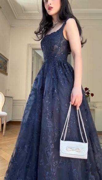 A Line Navy Blue Elegant Birthday Party Dress Long Evening Dress fg7183