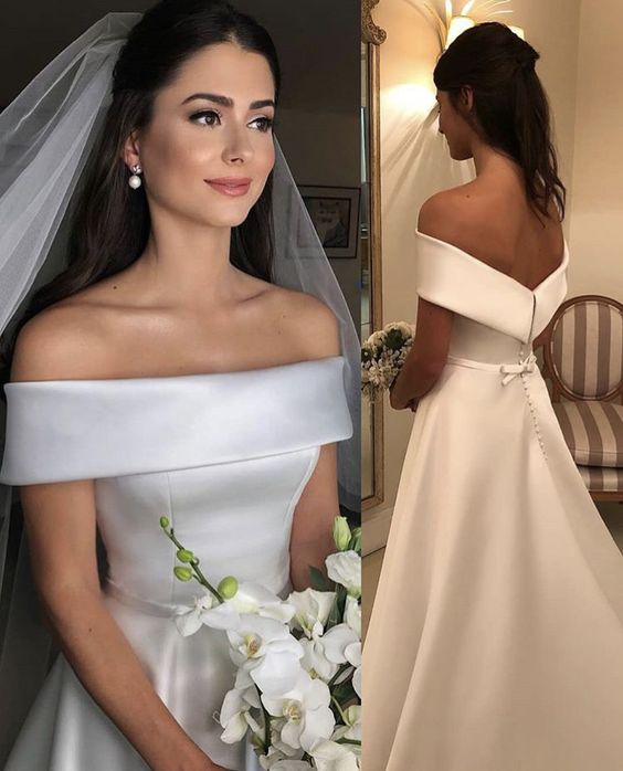 Simple Elegant Off the Shoulder A Line Wedding Dresses Satin Beach Garden Wedding Dresses Bridal Gowns fg5709