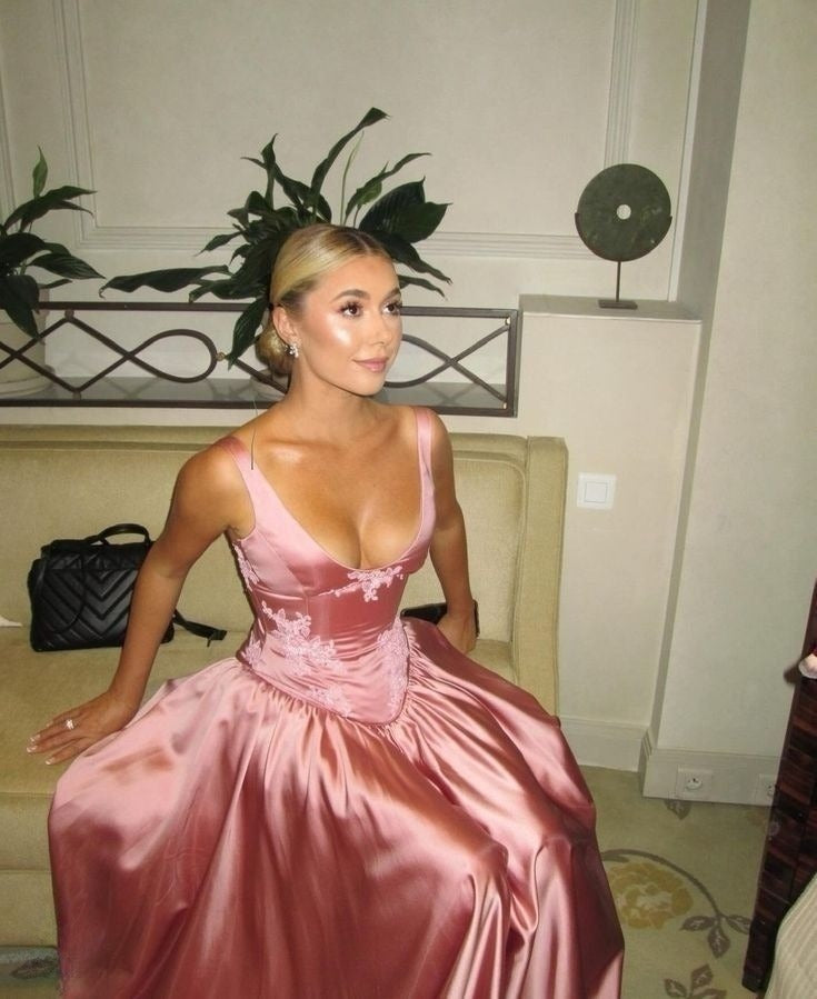 Elegant A Line Floor-length Satin Long Pink Evening Dress Prom Dresses fg6647